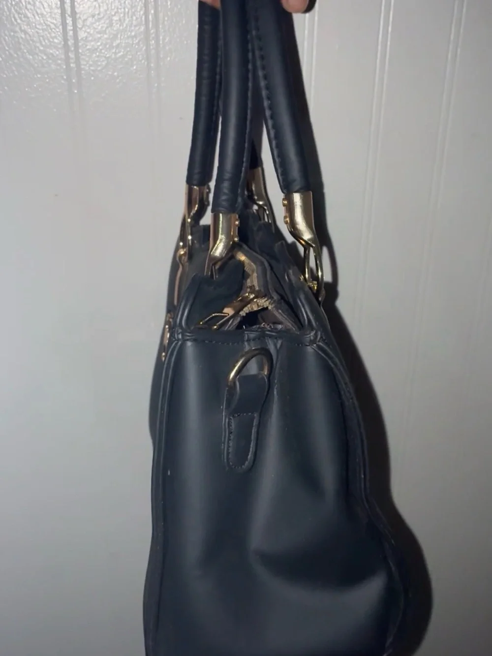 Black Faux Leather Satchel Handbag with Gold Accents